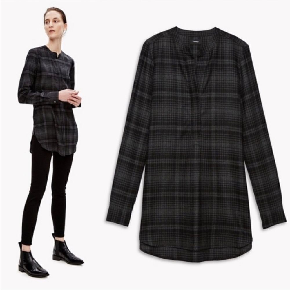 Theory wool popover shirt Orvinio Avalon plaid checkered tunic side pockets